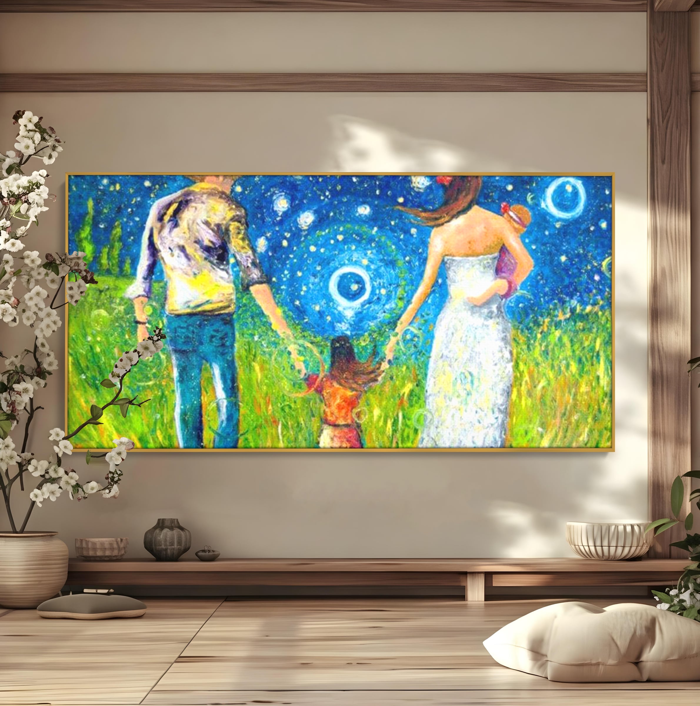 Tablou canvas cu pictura cu familie pe camp sub cer instelat, in rama de aluminiu auriu